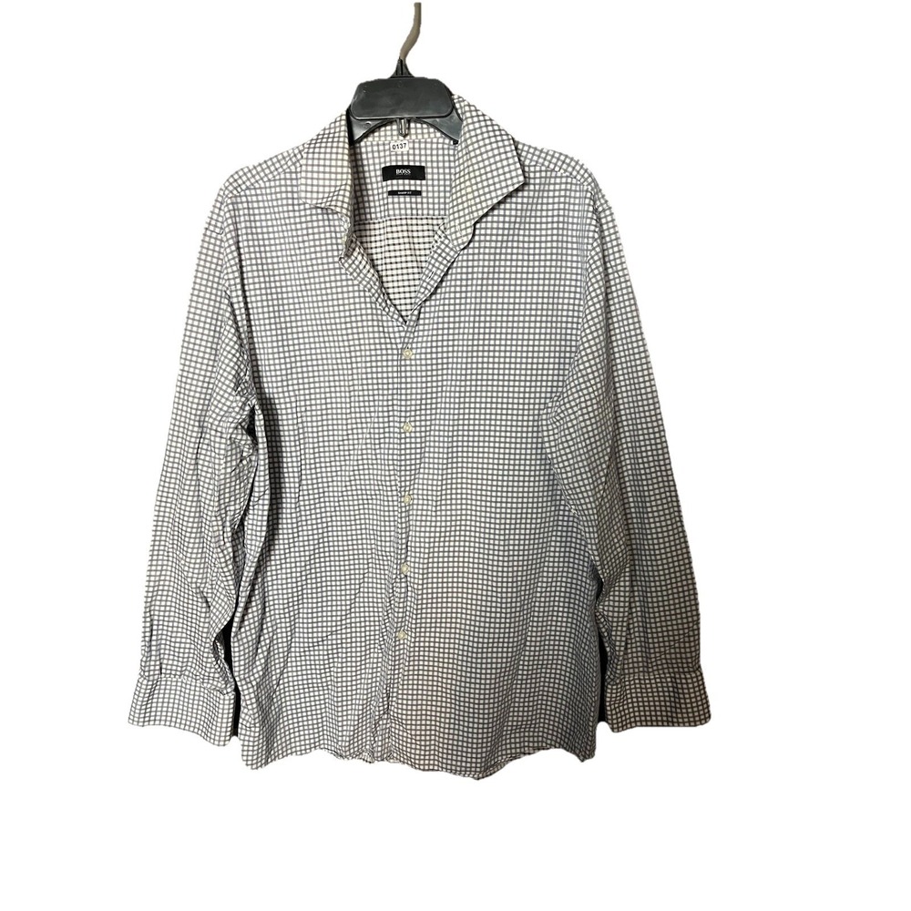 Hugo Boss Shirt Mens Size 17.5 Blue Plaid Button Down Preppy Old Money
